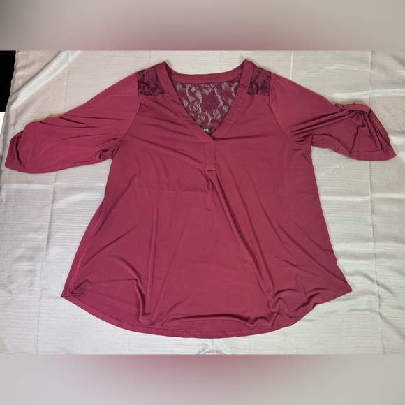torrid Tops - Torrid Lace Back Blouse Size 3 Plus Size Burgundy Roll Tab Sleeve Top